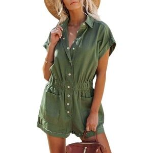 9. Short Cuffed Sleeve Green Elastic Waist Cotton Pocketed Romper Size XL